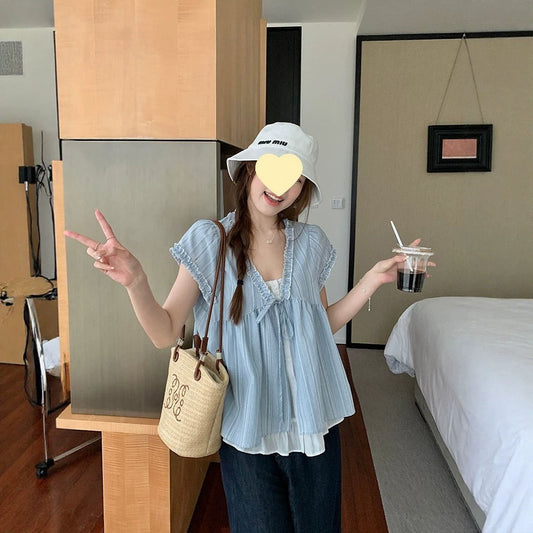 Korean-style Frilly Hem Loose-fit Korean-style Mock Two-piece Short-sleeved Blue