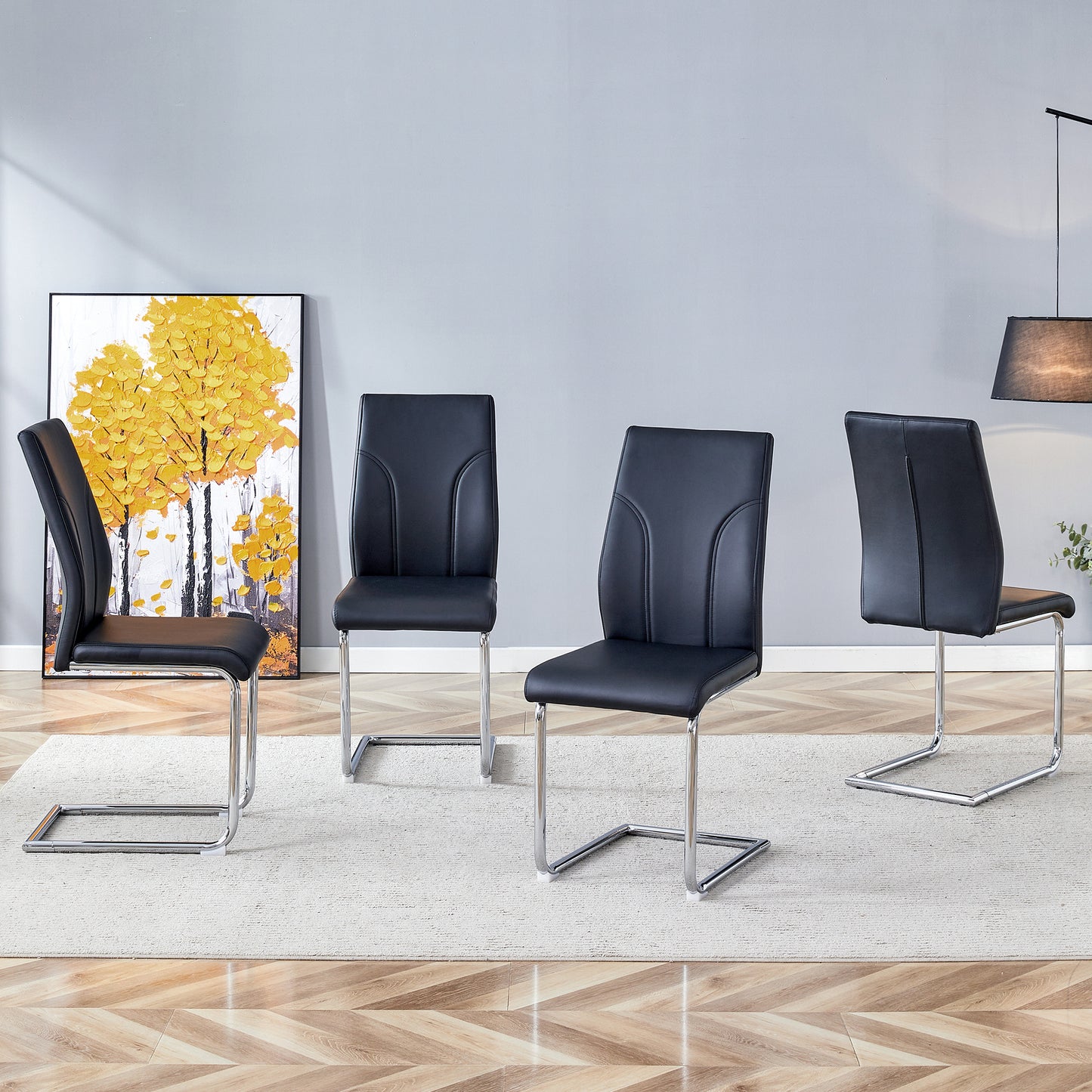 4 Dining Chair Set, Black Dining Chair Set, PU Material High Back Seat And Sturdy Leg Chair, Suitable For Dining Room, Kitchen, Living Room