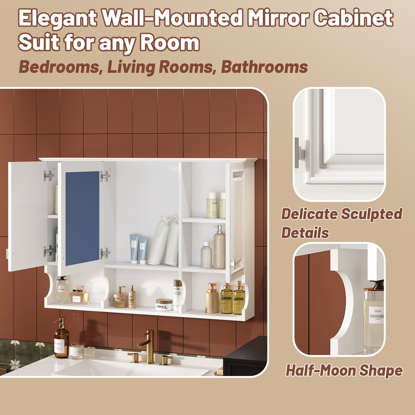 41 Inch Mirror Medicine Cabinet With Open Shelves, Wall Mounted Home Storage With Doors & Mirror, Adjustable Shelf, Bathroom Storage Cabinet Over Toilet