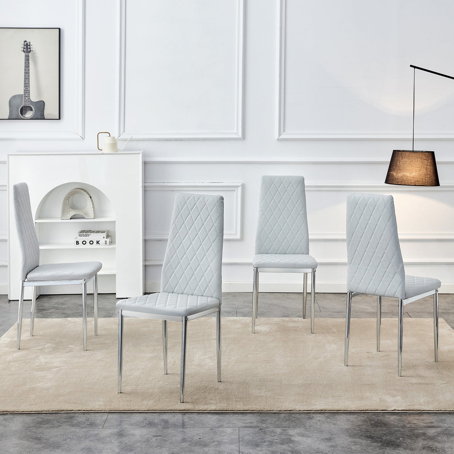 Set Of 4 Dining Chairs, Light Grey, Diamond Pattern PU Leather, Metal Legs, Modern Chair For Kitchen, Living Room, Cafe & Home Office