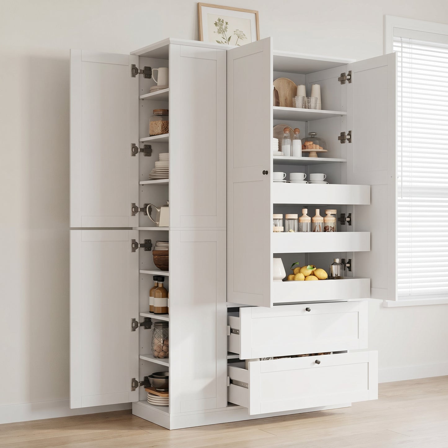 TOPMAX 73.6  Tall Farmhouse Kitchen Pantry Cabinet With 7 Shelves, 2 Drawers, 3 Pull-Out Trays, 6 Doors And Side Cabinets For Kitchen & Dining Room, White