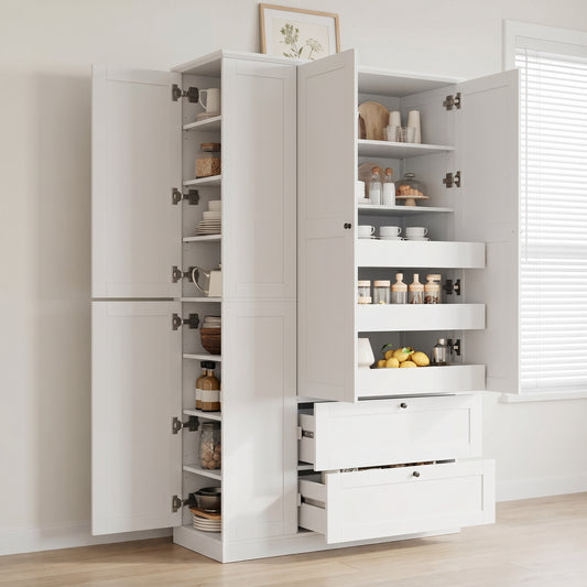 TOPMAX 73.6  Tall Farmhouse Kitchen Pantry Cabinet With 7 Shelves, 2 Drawers, 3 Pull-Out Trays, 6 Doors And Side Cabinets For Kitchen & Dining Room, White