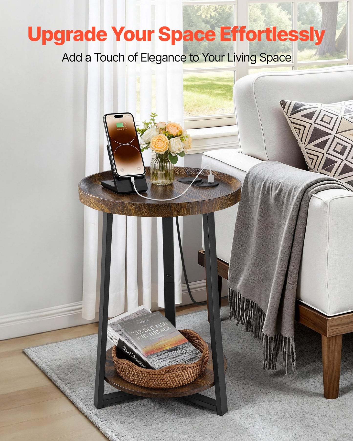 End Table, 2-Tier Round Side Table With Open Storage Shelves, Modern Nightstand Bedside Desk With USB & AC Charging Port, Wood Sofa Coffee Desk For Living Room, Bedroom, Office, Dorm, Brown