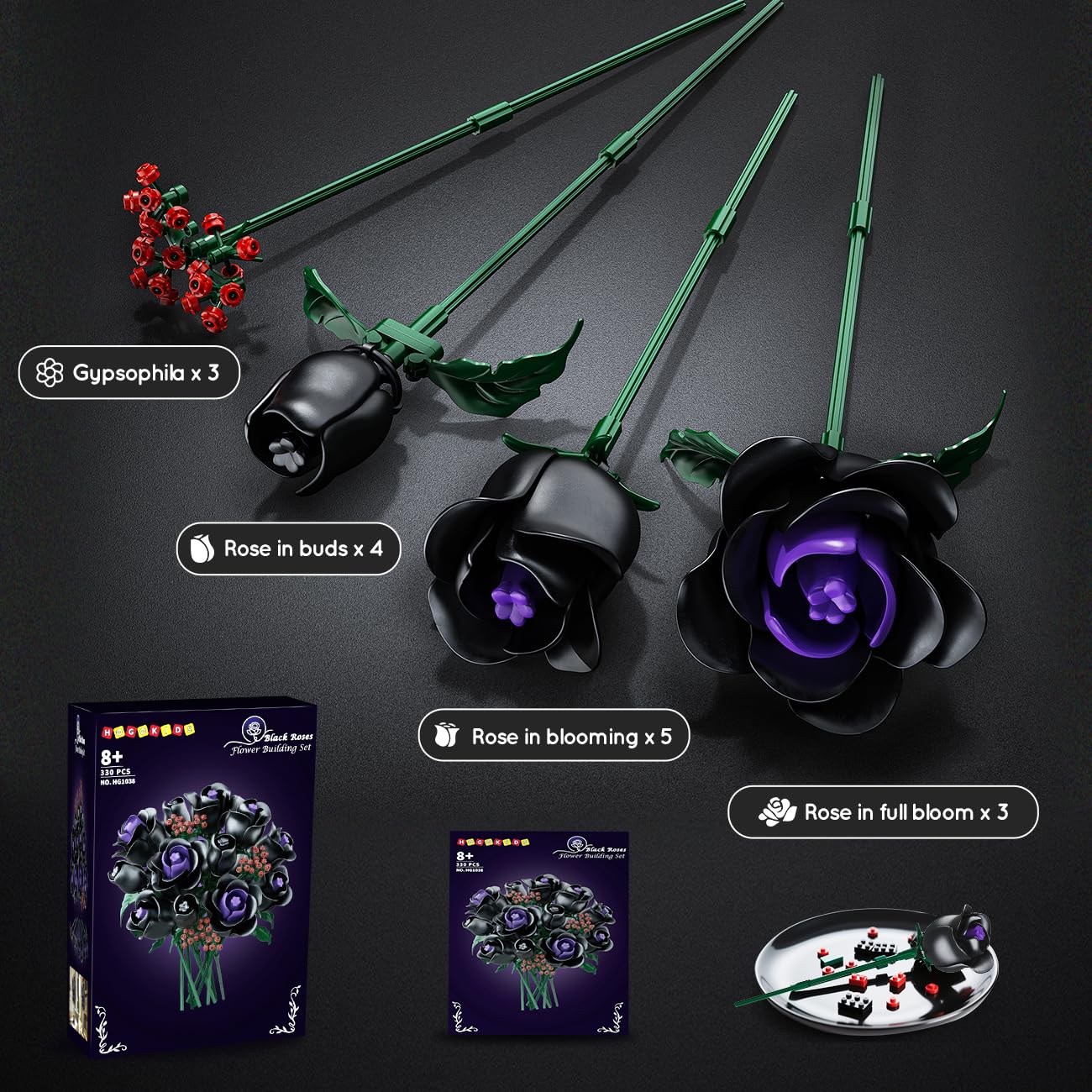 HOGOKIDS Flowers Bouquet Building Set - 15 Black Roses Botanical Building Blocks Artificial Flower Toy,Gothic Home Decors Easter Gift For Her Girlfriend Wife Adults Teens Kids