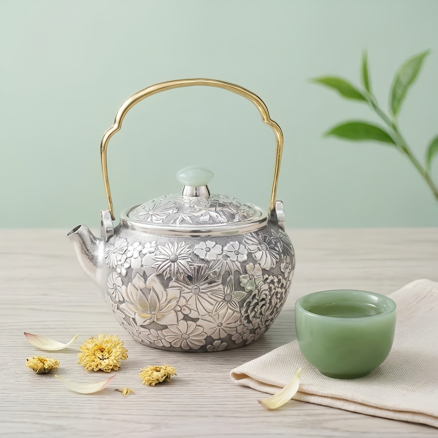 925 Sterling Silver Handcrafted Silver Tea Kettle Featuring Intricate Floral Relief and Jade Accents - Handicraft