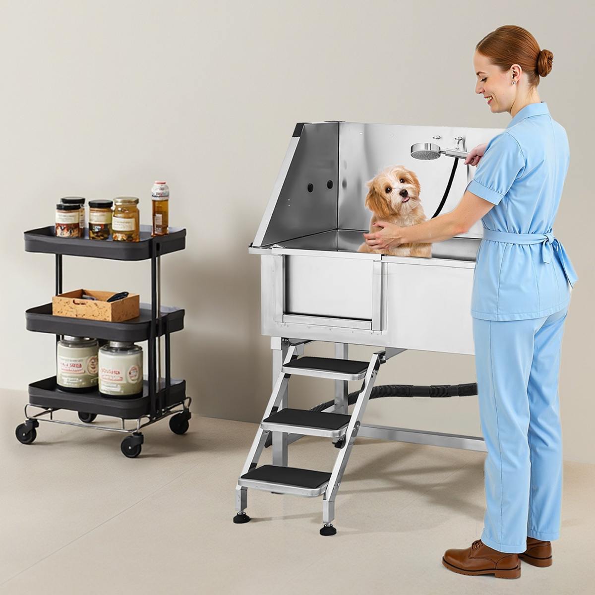 38 Dog Grooming Bath Tub Stainless Steel W Stairs Faucet Left Door