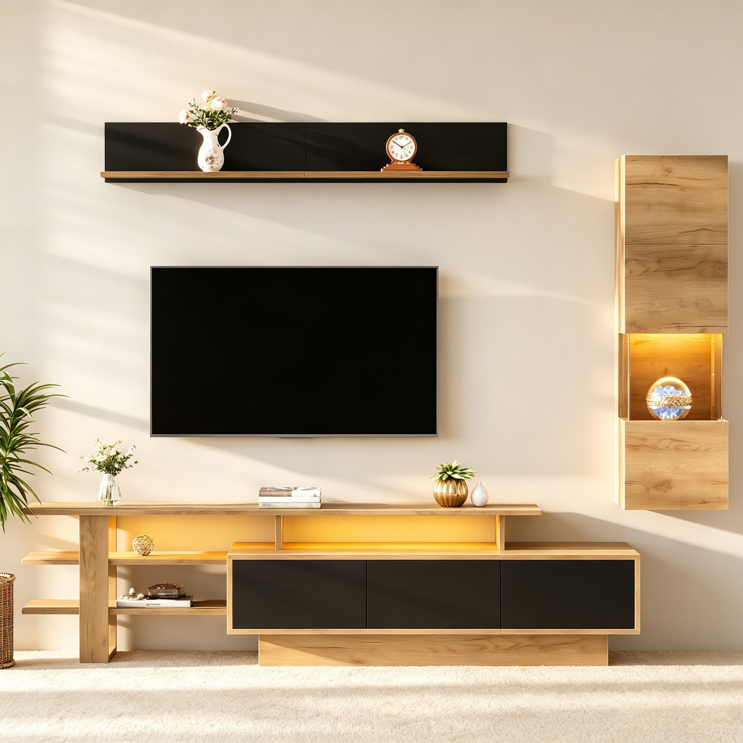 TV Wall Unit Set 3-Piece LED Lighting Living Room Furniture Set Frontal Wall Unit 1 X TV Cabinet, 1 X Living Room Display Cabinet, 1 X Hanging Shelf, TV Up To 80,Black  Natural Wood Color,TV Cabinet