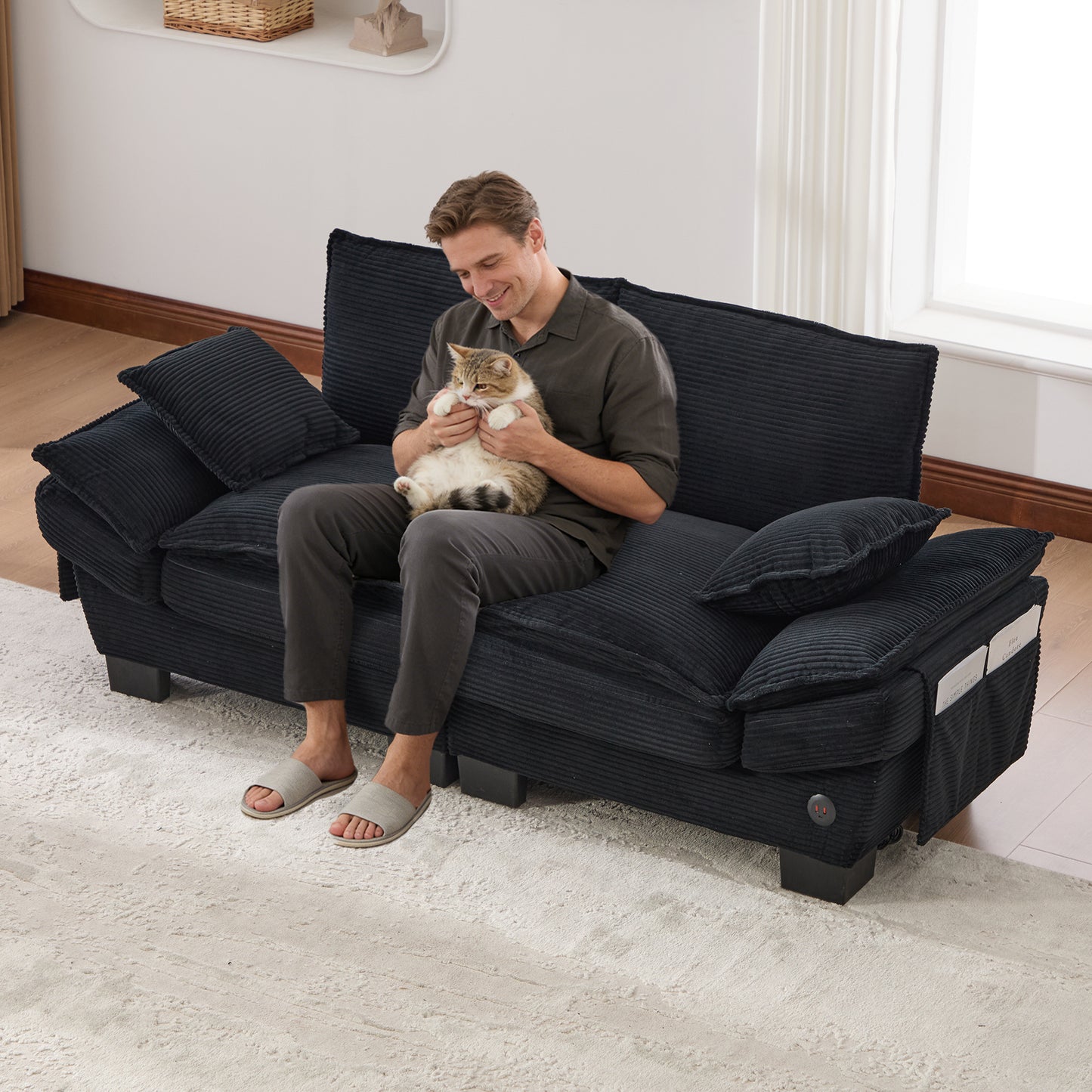 Modular Sofa For 2 People With Wide Seat Surface, Ergonomic Design, High-density Foam Cushioning, USB-C Port And Side Pockets. Ideal For Living Room, Office Or Lounge. Black