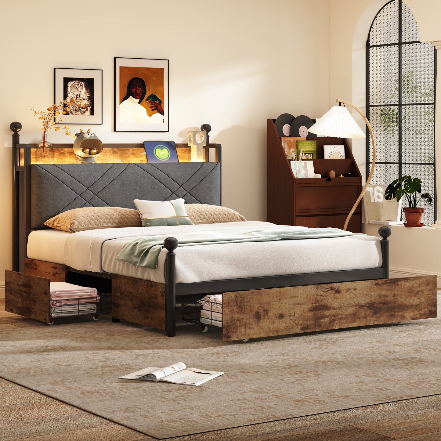 Multifunctional Double Bed 140 X 190, With Storage Space And Iron Canopy, With Removable Bed Posts With LED Lighting And USB Type-C Charging Ports And Three Drawers, Black