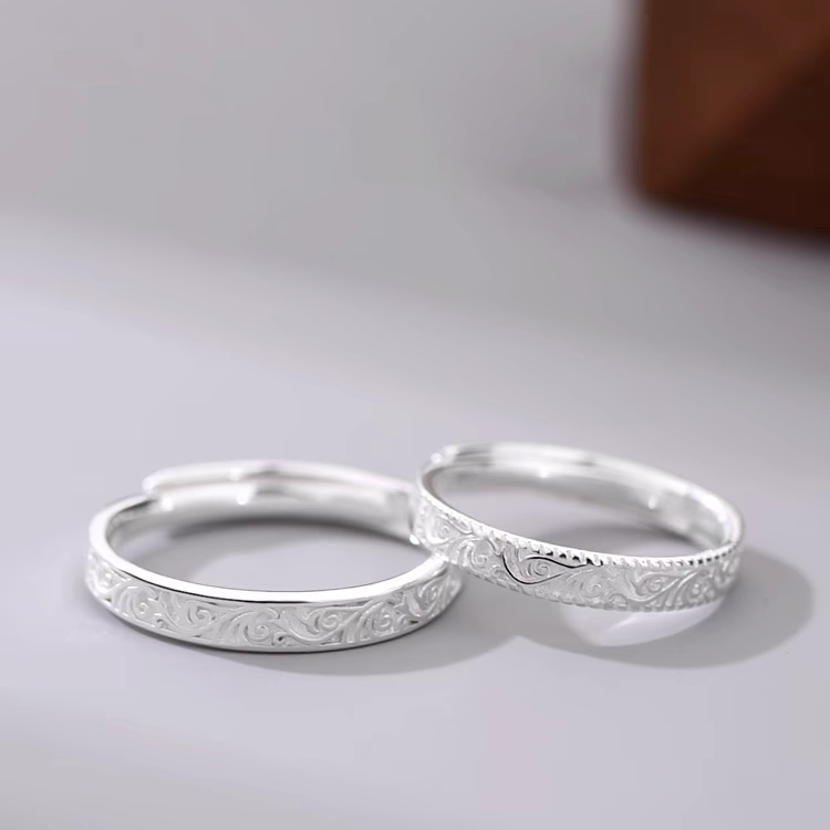 1 Pair 999 Sterling Silver Tang Grass Engraved Couple Rings, Retro Elegant Style, For Daily Wear & Valentine's Gifts