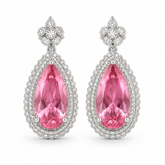 Pear Shaped Pink Gem Double Halo Floral Top Dangle Drop Earrings For Women, Copper Silver Plated Pave White Crystal Vintage Bridal Formal Banquet Statement Jewelry Gift