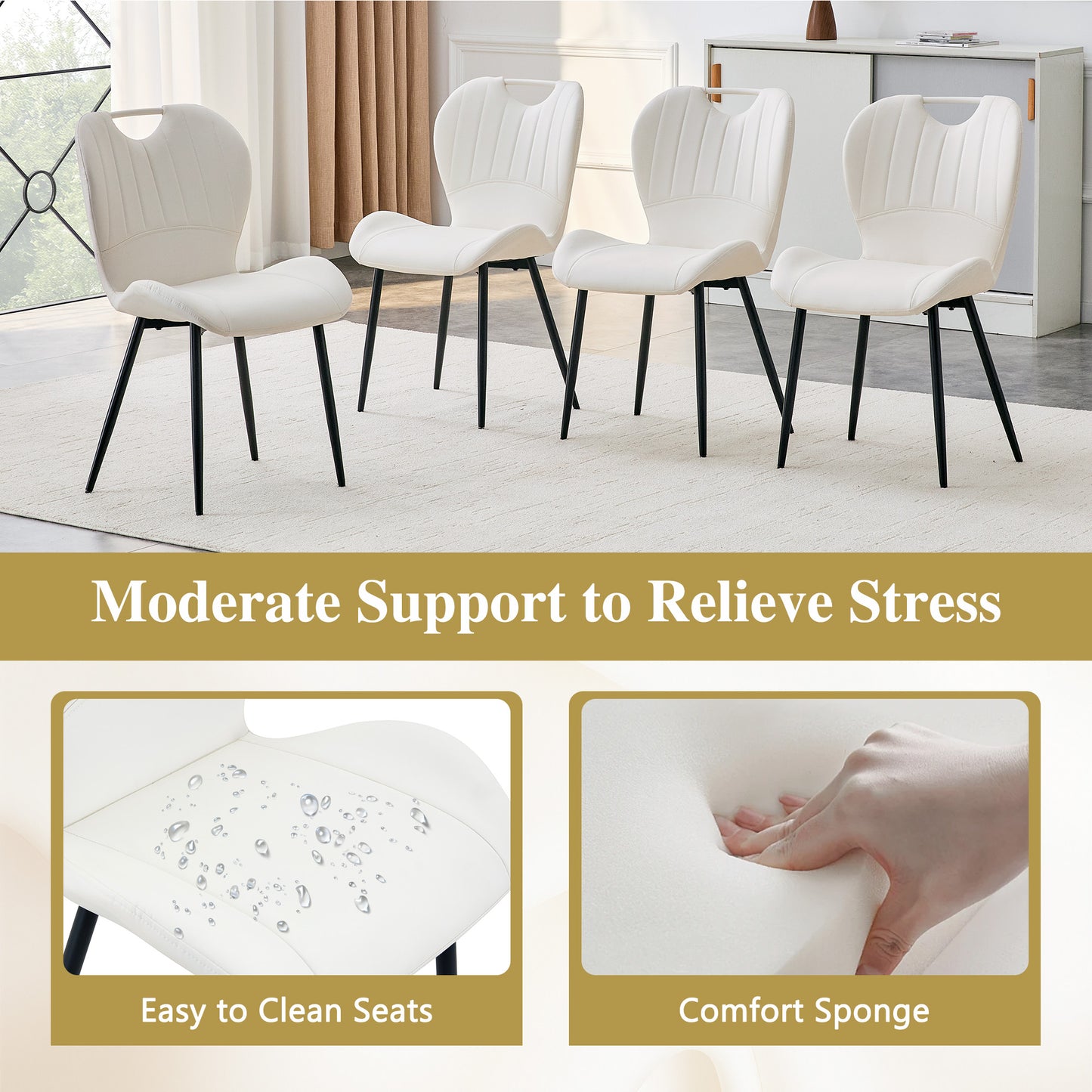 Set Of 4 White PU Dining Chairs With Integrated Handle. Black Metal Frame, Adjustable Leveling Feet. Home Dining Chairs With Extra-Wide Comfortable Cushion, Versatile For Multiple Scenarios.