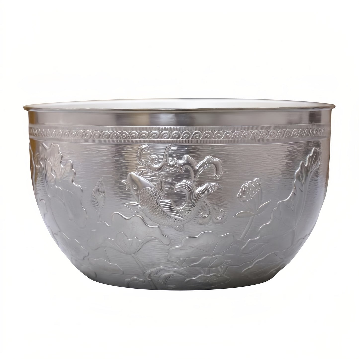 Pure 999 Fine Silver Antique  Bowl with Intricate Fish and Lotus Engravings-Fine tea bowl - Handicraft