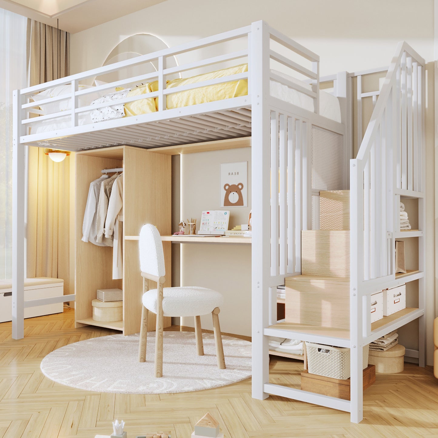 Loft Bed, 90 X 200 Cm, Iron Frame, With Storage Space, Wardrobe, Desk, Staircase Constructions With Storage Space, Without Mattress, White