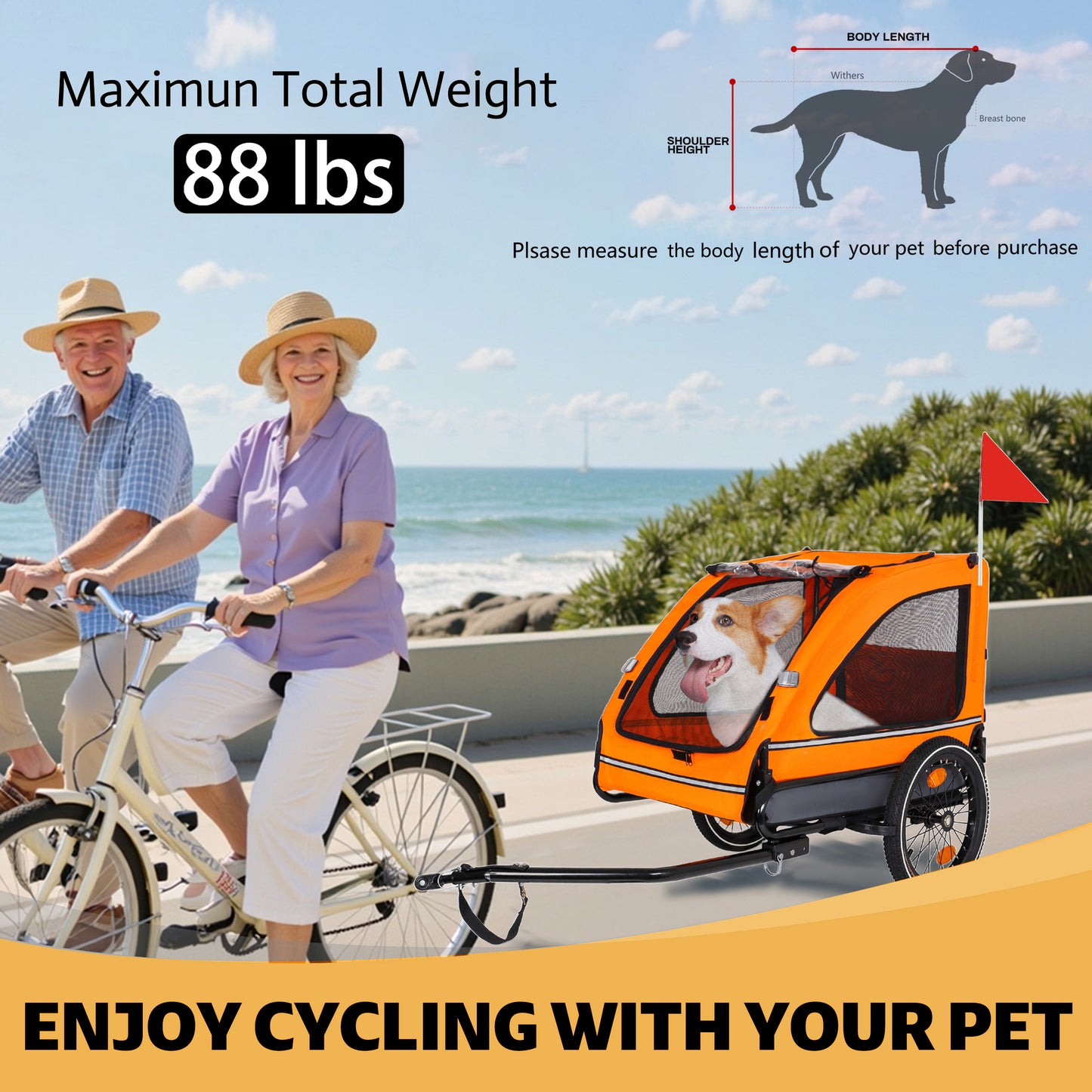 Pet Bike Trailer Dog Cart For Bicycle,Suitable For Small And Medium Pets, Easy Folding Cart Frame, Quick Release Wheel, Non-Slip Floor, Internal Leash, Orange Gray
