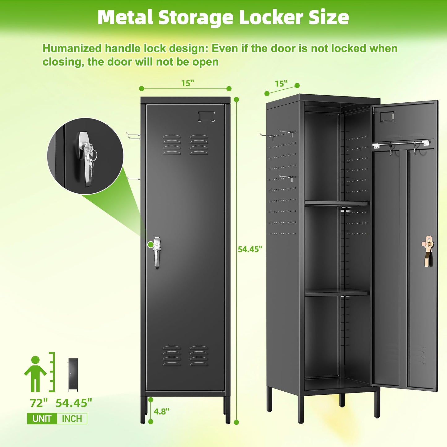 SUPEER Lockable Metal Lockers With Handle,Metal Storage Locker With 2 Pegboard & 5 Hooks For Home,Office,School,54.45inch H X 15inch W X 15inch D,Black,Required Assembly