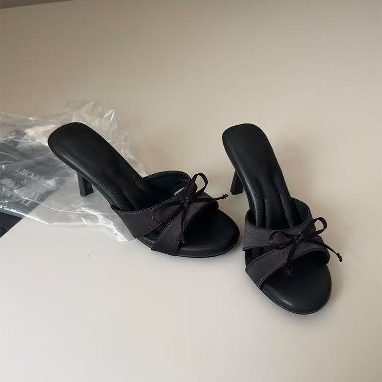 Women Nude Pointed Toe Thin Heel Bow Decor Slide Sandals, 2026 New Summer Sexy Stiletto High Heel Footwear