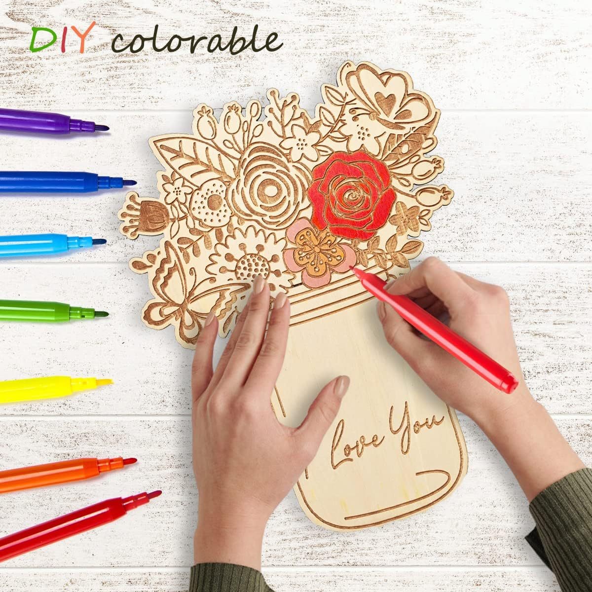 Log DIY Painted Vase Flower Ornaments Laser Engraving Wooden Flower Arrangement Crafts Mother's Day Handmade Gifts Desktop Decoration