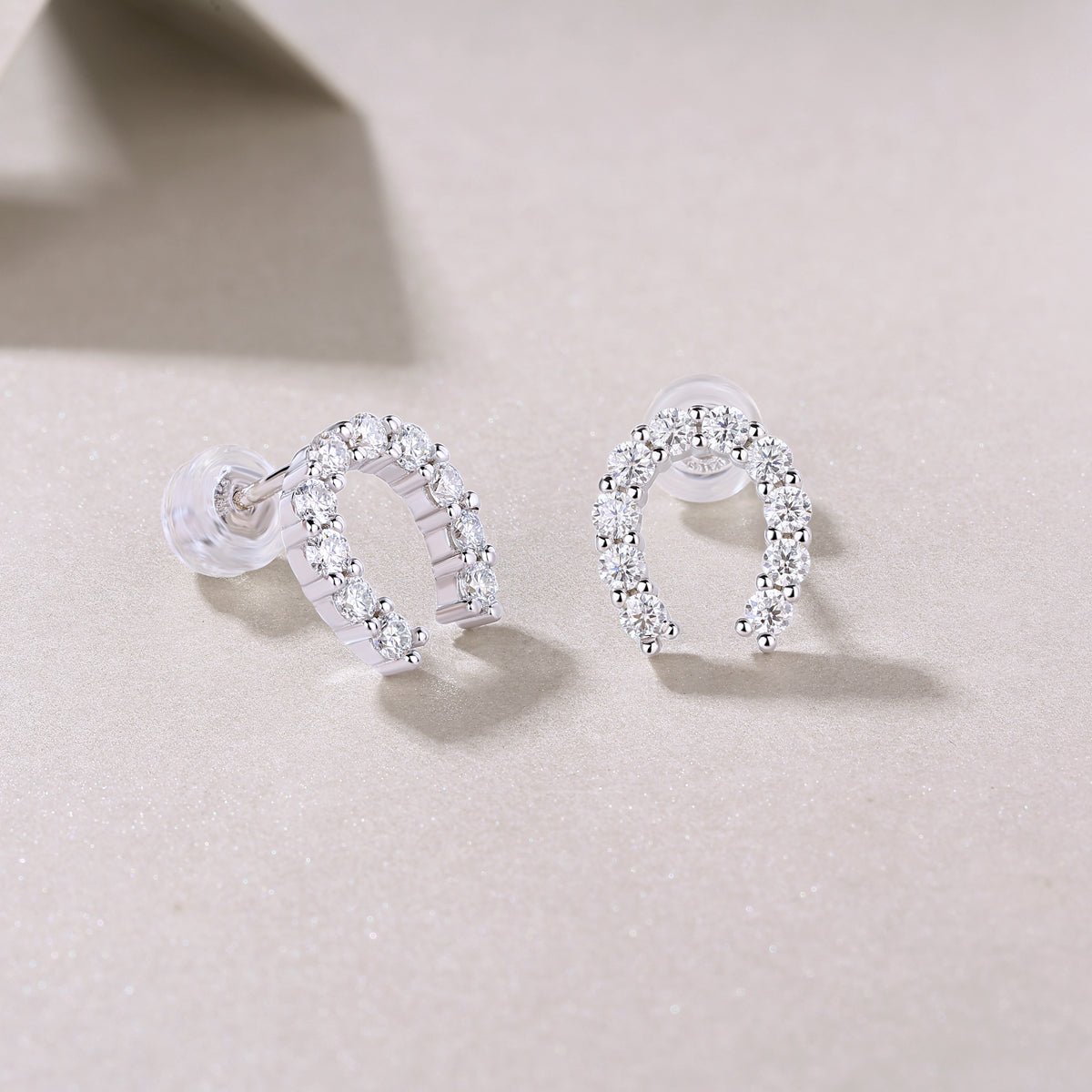 S925 Sterling Silver U-Shaped Hoop Stud Earrings, 20 D-VVS1 Moissanite Pave, Platinum Plated 1.6g Lightweight With Silicone Backs, Gift Box