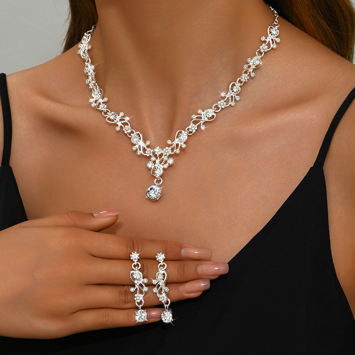 Cross-Border Bridal Jewelry Wedding Jewelry Two-Piece Set Wedding Dress Accessories Rhinestone Leaf Earrings Necklace Set For Women