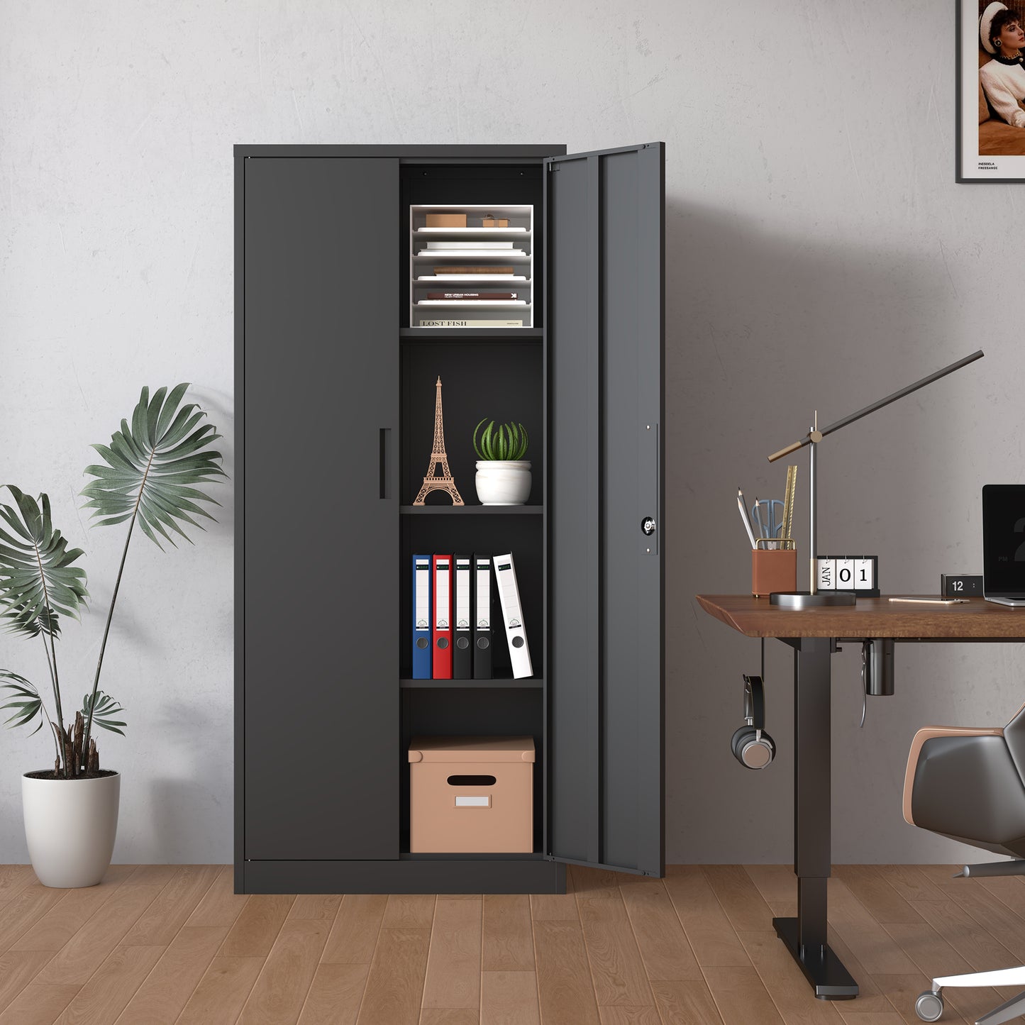 71 H Metal Garage Storage Cabinet, Black Tool Steel Locking Cabinet With Doors And 3 Shelves, Tall Cabinets For Garage Storage Systems Lockable File Cabinet For Home Office, Classroom Pantry