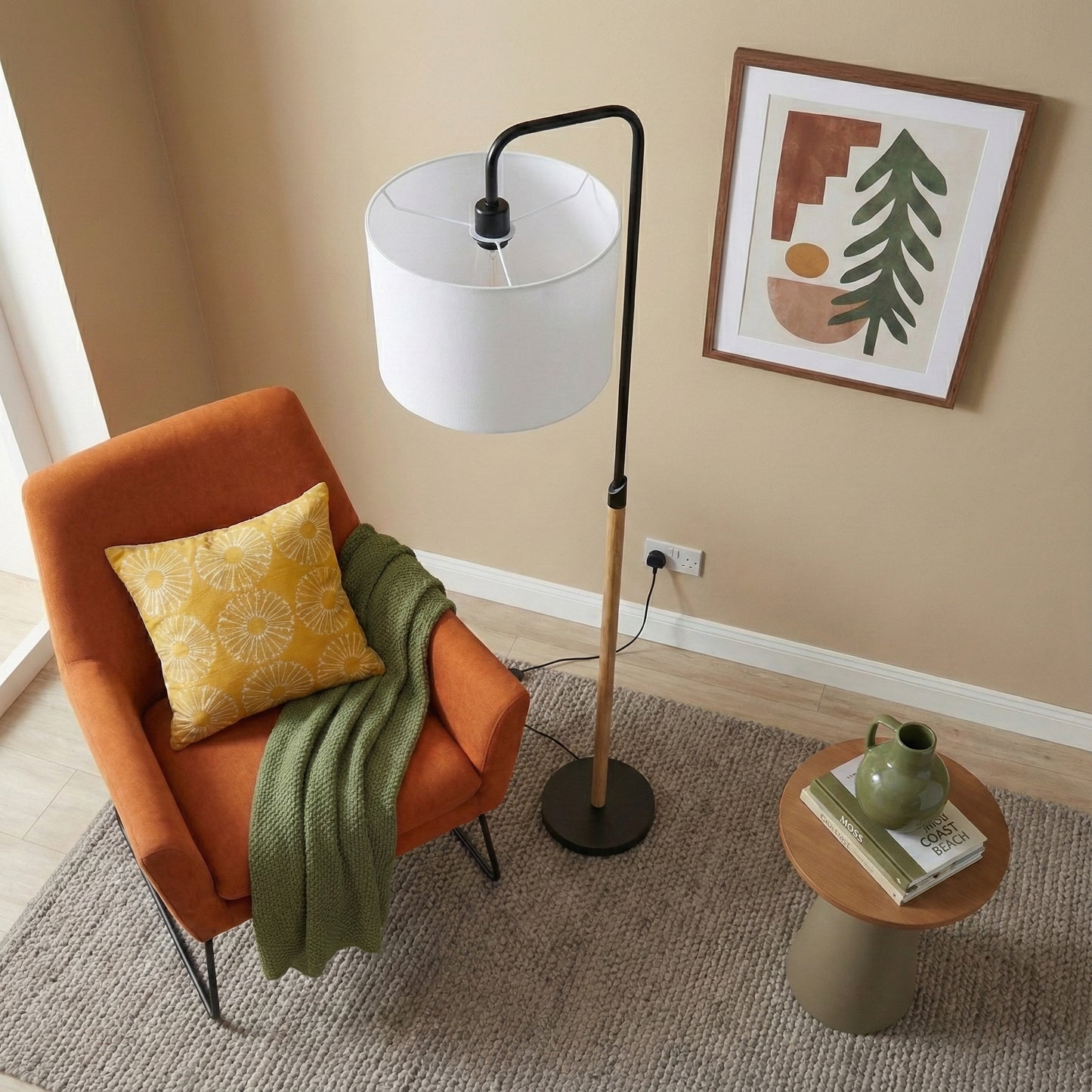 Floor Lamp With Cylinder Shade, Curved Standing Light For Living Room, Bedroom Reading Corner & Office Illumination, Lior Floor Lamp Wooden Pole 110V
