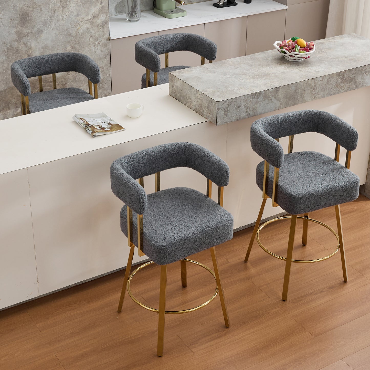 TS Modern Decorative Chair, Living Room Side Chair With Gold Metal Legs, No Wheels, Suitable For Dressing Area, Reception Room, Office,Teddy Fleece Upholstered Metal Foot Bar Chairs 2PC Gray