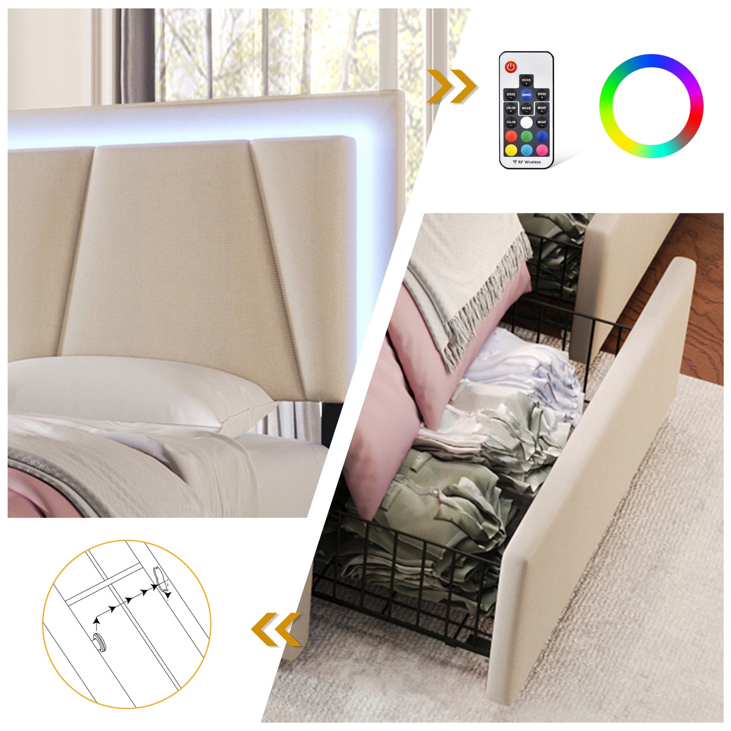 808182AAB Upholstered Bed With LED Lighting And 4 Drawers,Height-adjustable Headboard,Double Bed 160x200cm Storage Beds Bed Frame, Wooden Slatted Frame, Beige  Without Mattress