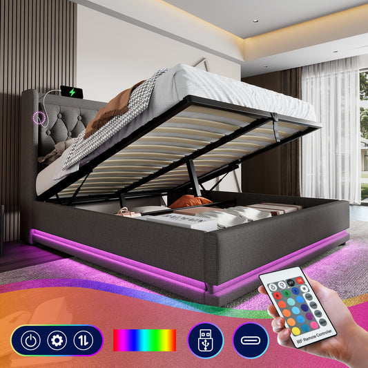 Upholstered Bed Double Bed 140x200 Cm,Grey Cotton Material Hydraulic Storage Bed, Upholstered Headboard With USB Type-C Charging Function, 3-Sided LED Function Without Mattress