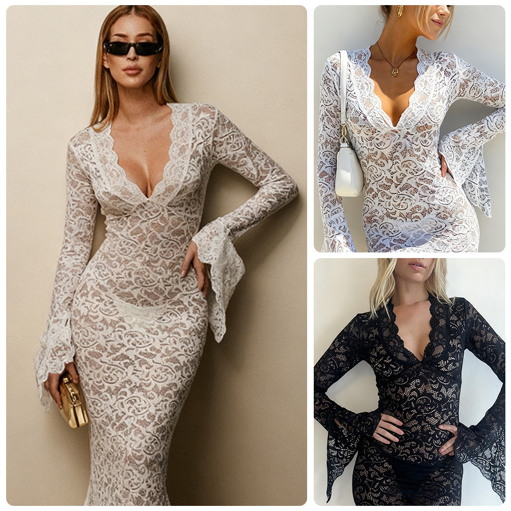 New Lace-trimmed Flared-sleeve Dress