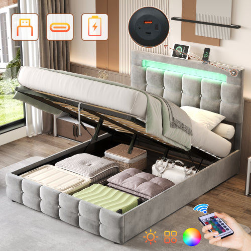 4ft6 Double Upholstered Bed Frame With Hydraulic Storage, Velvet Ottoman Bed With LED Lighting And Charging Station, Double Bed With Adjustable Button Tufted Headboard, Beige