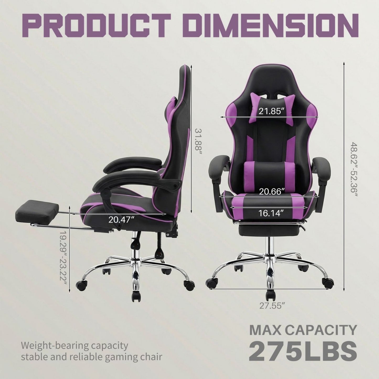 Ergonomic High Back Gaming Chair, Office Chair With Lumbar Support, Adjustable Armrests, Swivel Racing Chair, Purple