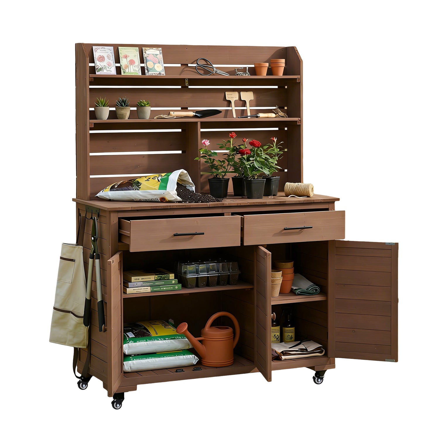 Assembly Video  TOPMAx 65 H Large Garden Potting Bench With Lockable Wheels And Storage Cabinet  Wood Outdoor Kitchen Island Prep Cart With Hutch Top  Drawers And Removal Shelves For Grilling  Brown