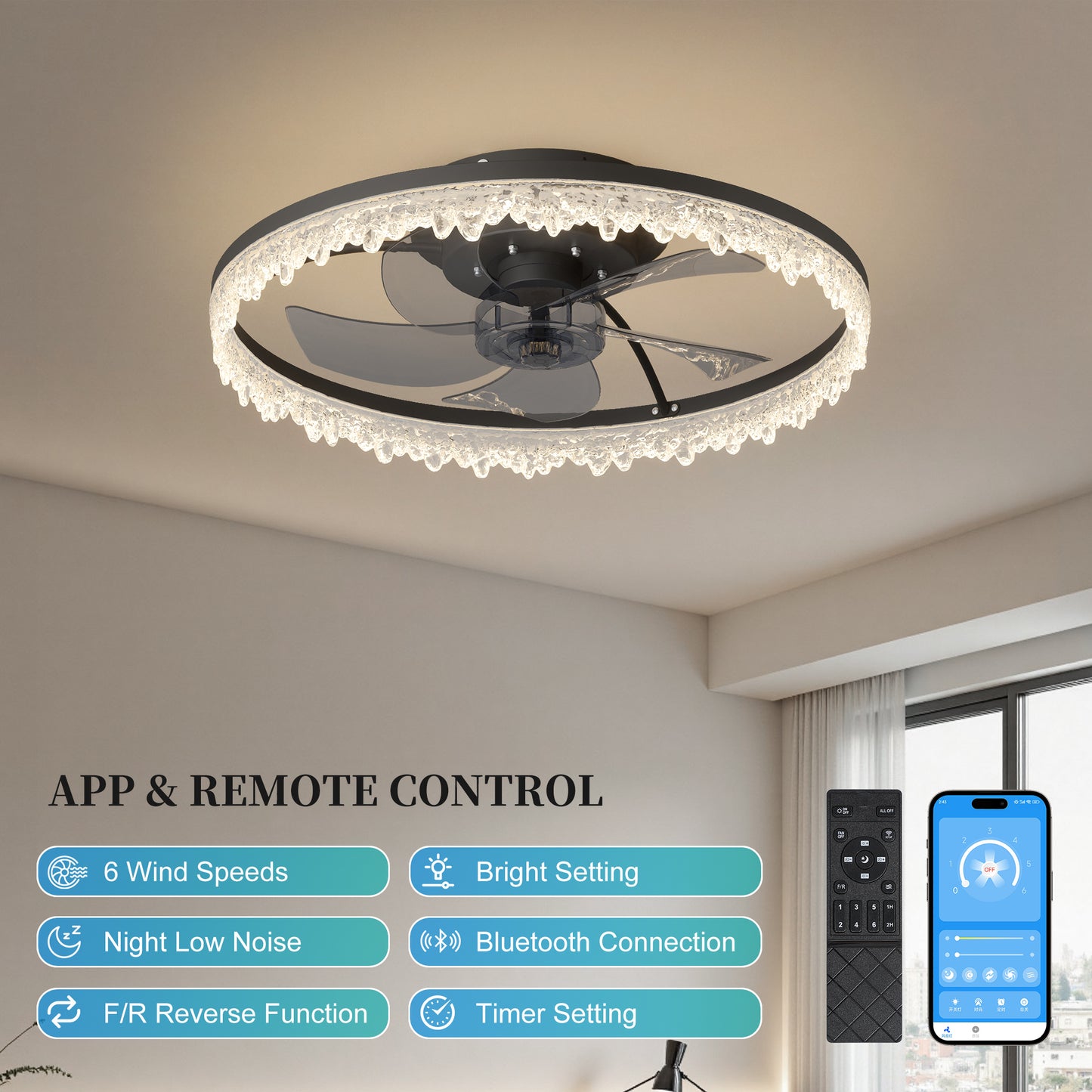 Smart Flush Mount Ceiling Fan With Light-20-inch Integrated LED Chandelier With 5 Invisible Blades, Remote Control & Timer, Dimmable Lighting, Ultra-Quiet Operation For Bedroom, Living Room, And Din