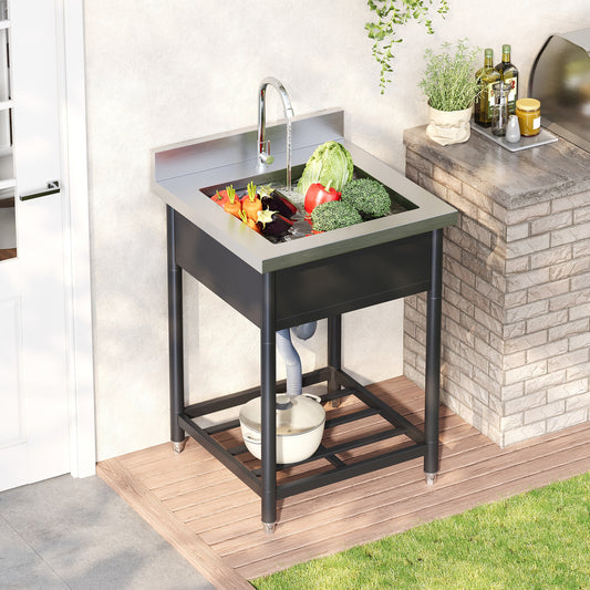 Freistehing Stainless Steel Sink For The Outdoors, 60x60cm, With Faucet And Drain, Including Storage, Generous One-piece Design, Suitable For Kitchen, Garden, Workshop And Commercial Purposes.
