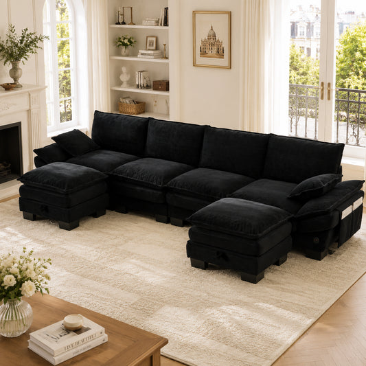 Modular 4-seater Corduroy Sofa  With 2 Stools Wide Seat, Ergonomic Design, High-density Foam Padding, USB-C Port And Side Pockets.Ideal For Living Room, Office Or Lounge.Black