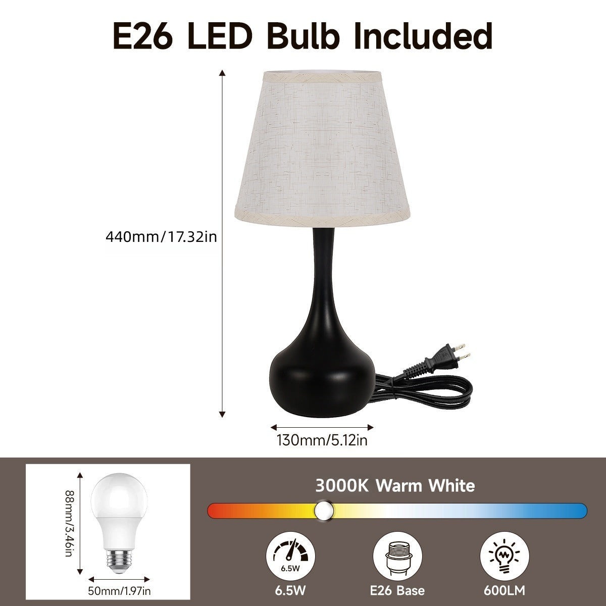 3-Way Dimmable Set Of 2 Small Bedside Lamps For Night Stands, Black Desk Lamps For Kids Room,Office,Living Room, End Table LED Bulbs Included