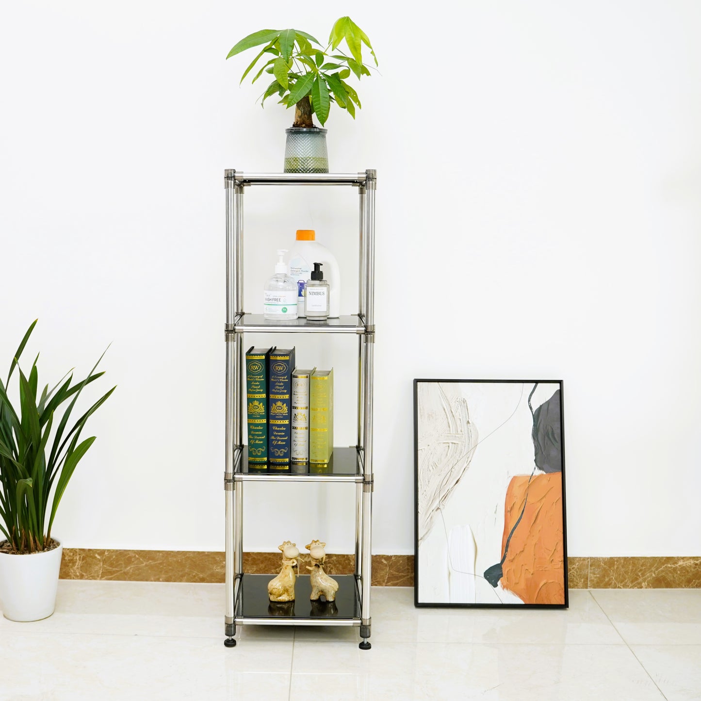 Korean Black 4-Tier Heavy Duty Stainless Steel Storage Shelving Unit, 100lbs Shelf 49 H X 14.9 W X 13.7D For IndoorOutdoor Organization , Modular Rack,  Extremely Durabl
