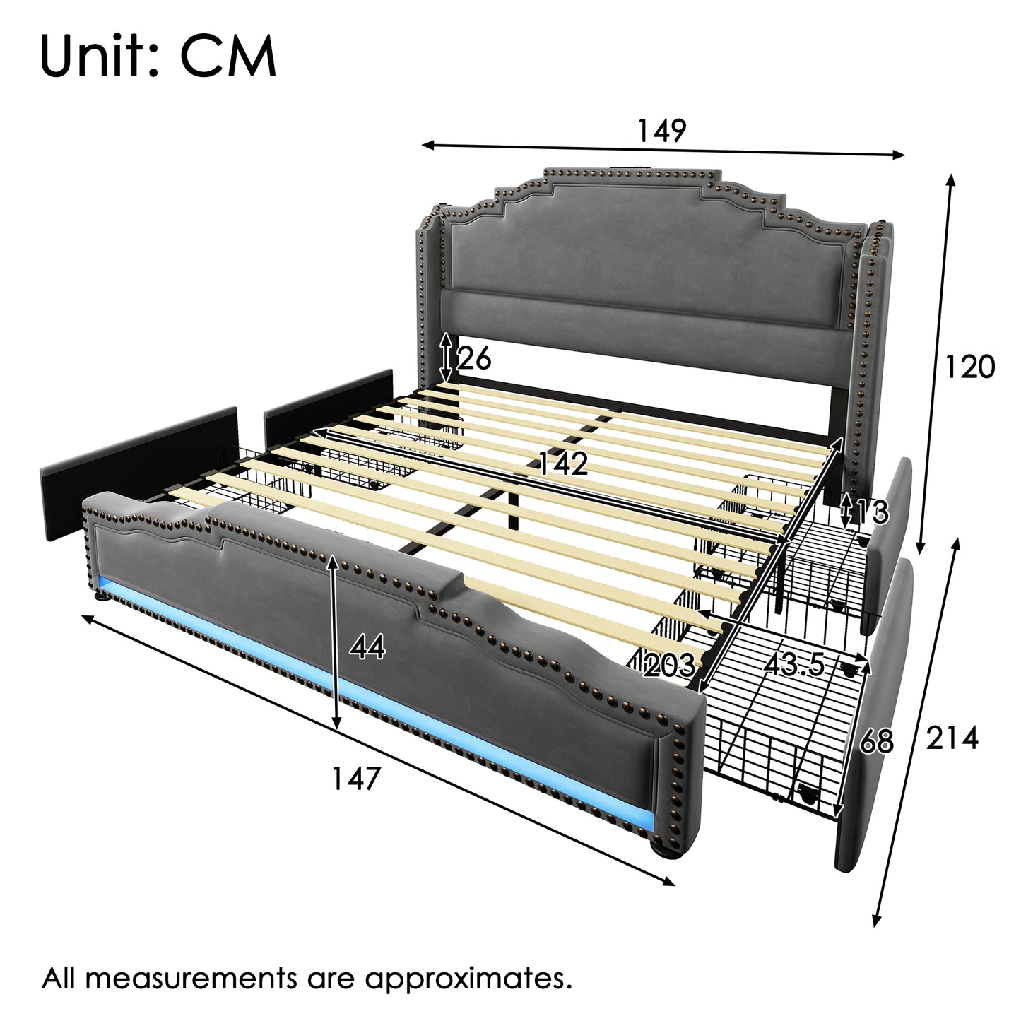 Upholstered Bed 140x200, Double Bed With 4 Drawers, LED Lighting And USB-C Charging Port, Storage Bed And Youth Bed With Slatted Base, Velvet, Grey, Without Mattress