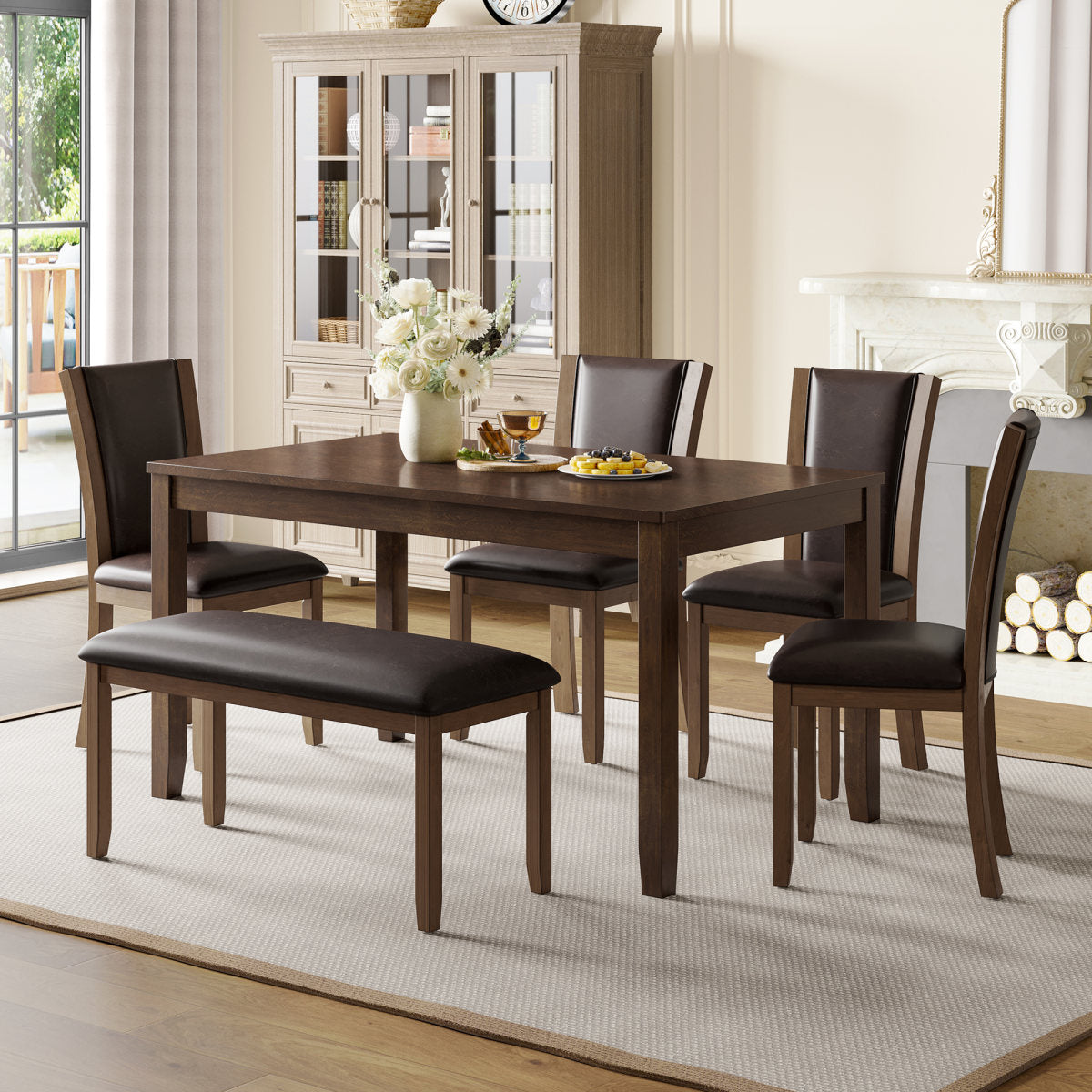 6-Piece Dining Table Set with Bench and Chairs, Wooden dining table set for 6 people, Farmhouse Rustic Style 6 Person Dining Table Set for Dining Room, Kitchen, Dark Walnut