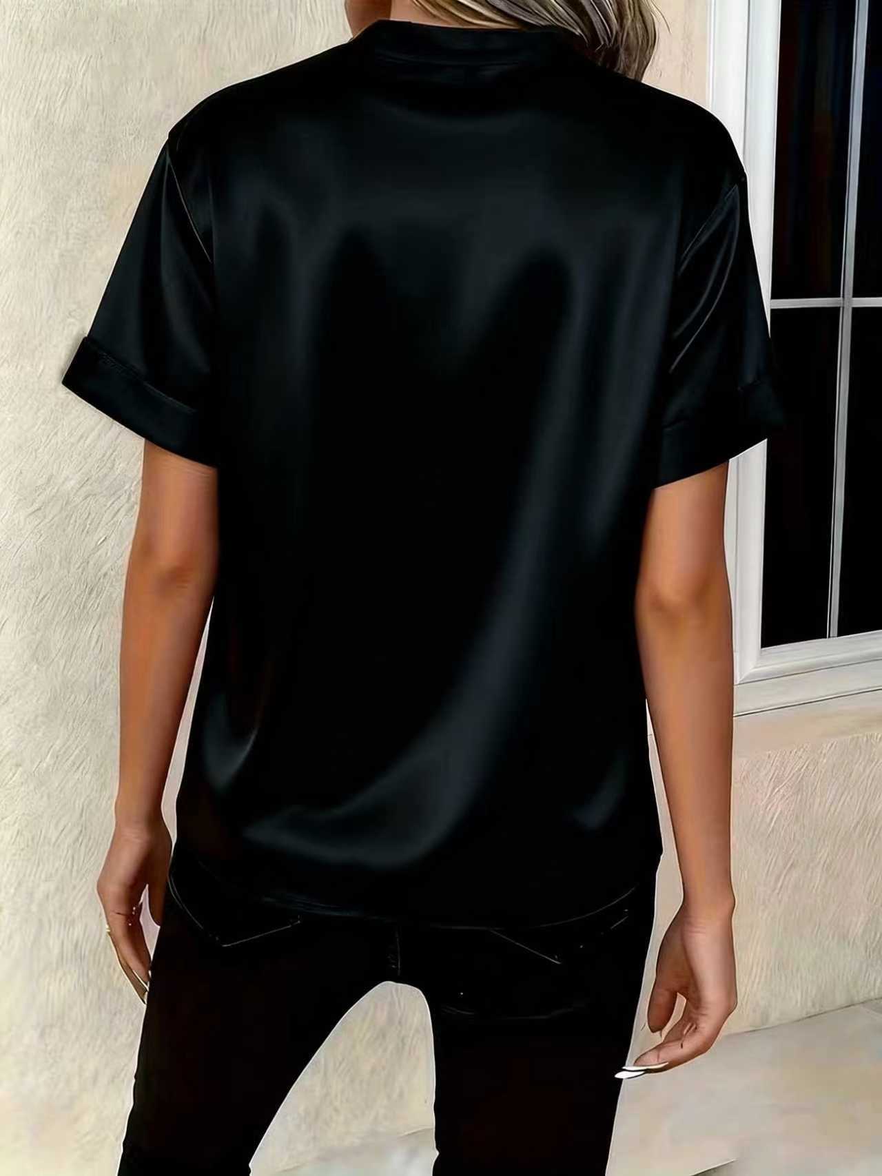 Women's Satin V-Neck Short Sleeve Blouse - Elegant Stand Collar Office Wear Top, Multiple Colors Available