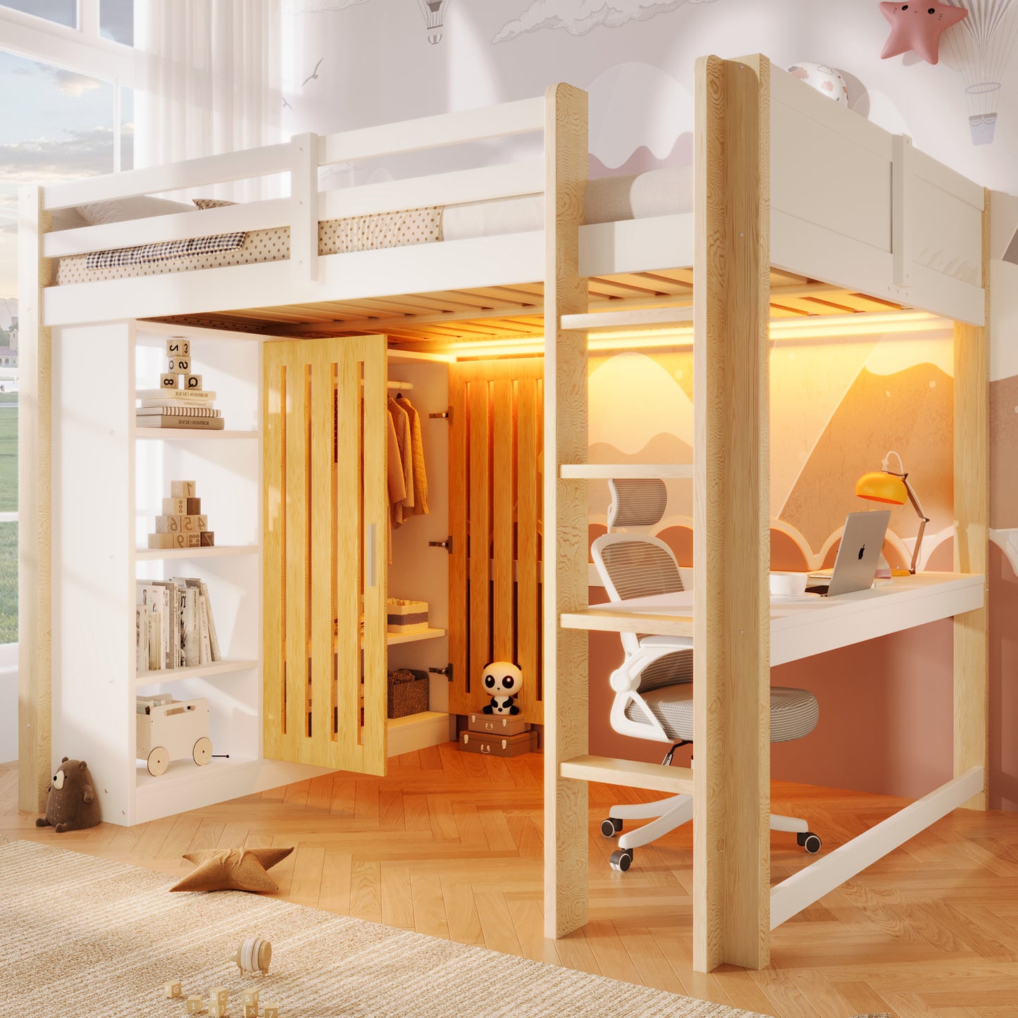 Loft Bed, 140x200cm, With LED Lights, Wardrobe, Shelf, Desk, Without Mattress, White Natural