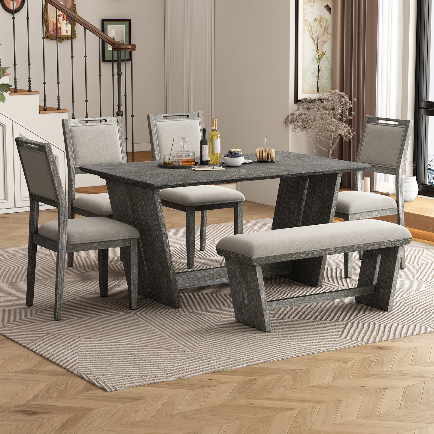 TREXM 6-Piece Retro Dining Table Set For 6  60 Wood Kitchen Table And Chairs Set Of 4 With Bench Designed Trestle Base For Kitchen & Dining Room  Gray