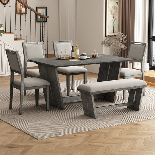 TREXM 6-Piece Retro Dining Table Set For 6  60 Wood Kitchen Table And Chairs Set Of 4 With Bench Designed Trestle Base For Kitchen & Dining Room  Gray