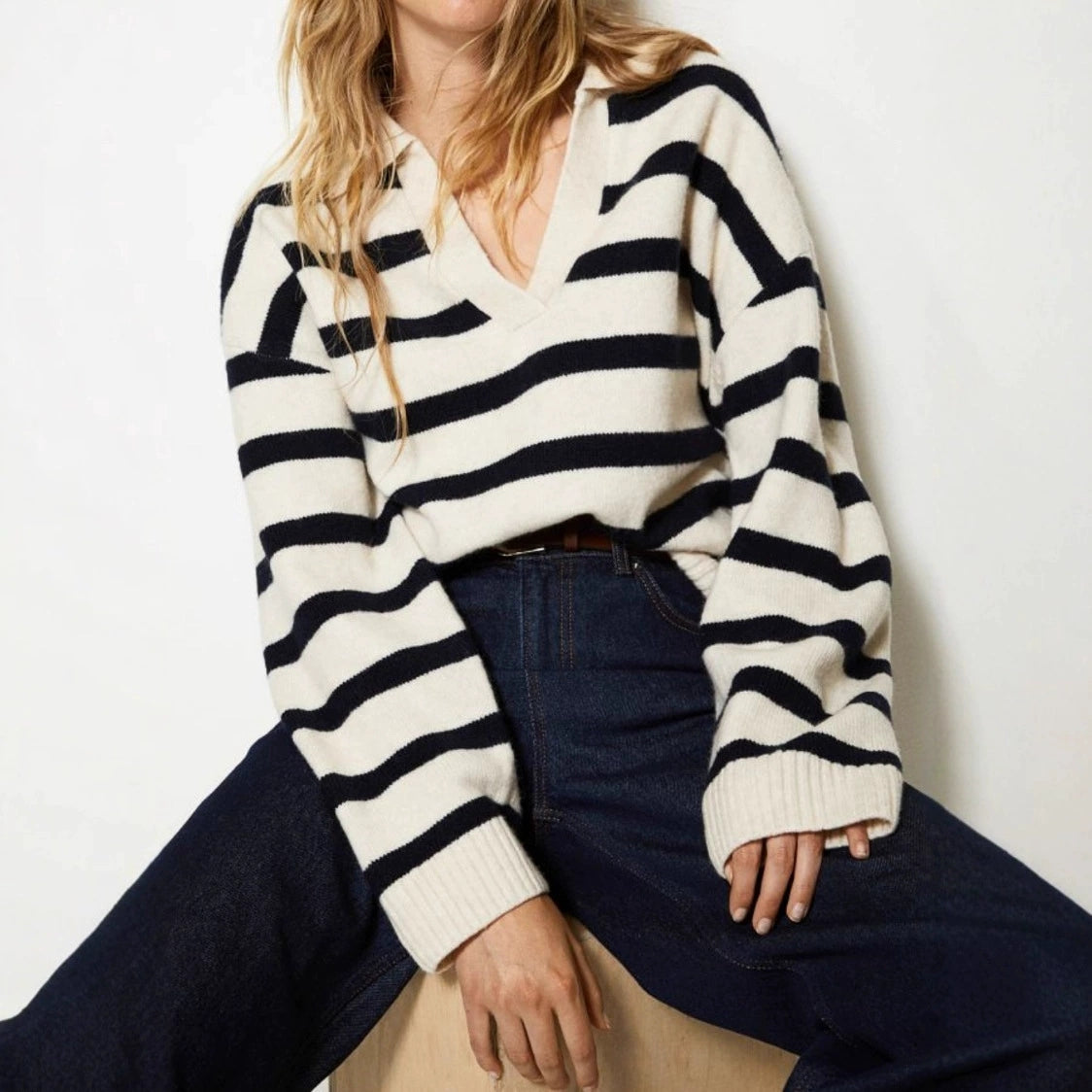 Fashion Patchwork Striped Lapel Loose Plus Size Knit Sweater For Women