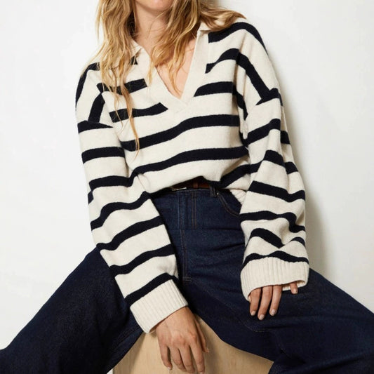 Fashion Patchwork Striped Lapel Loose Plus Size Knit Sweater For Women