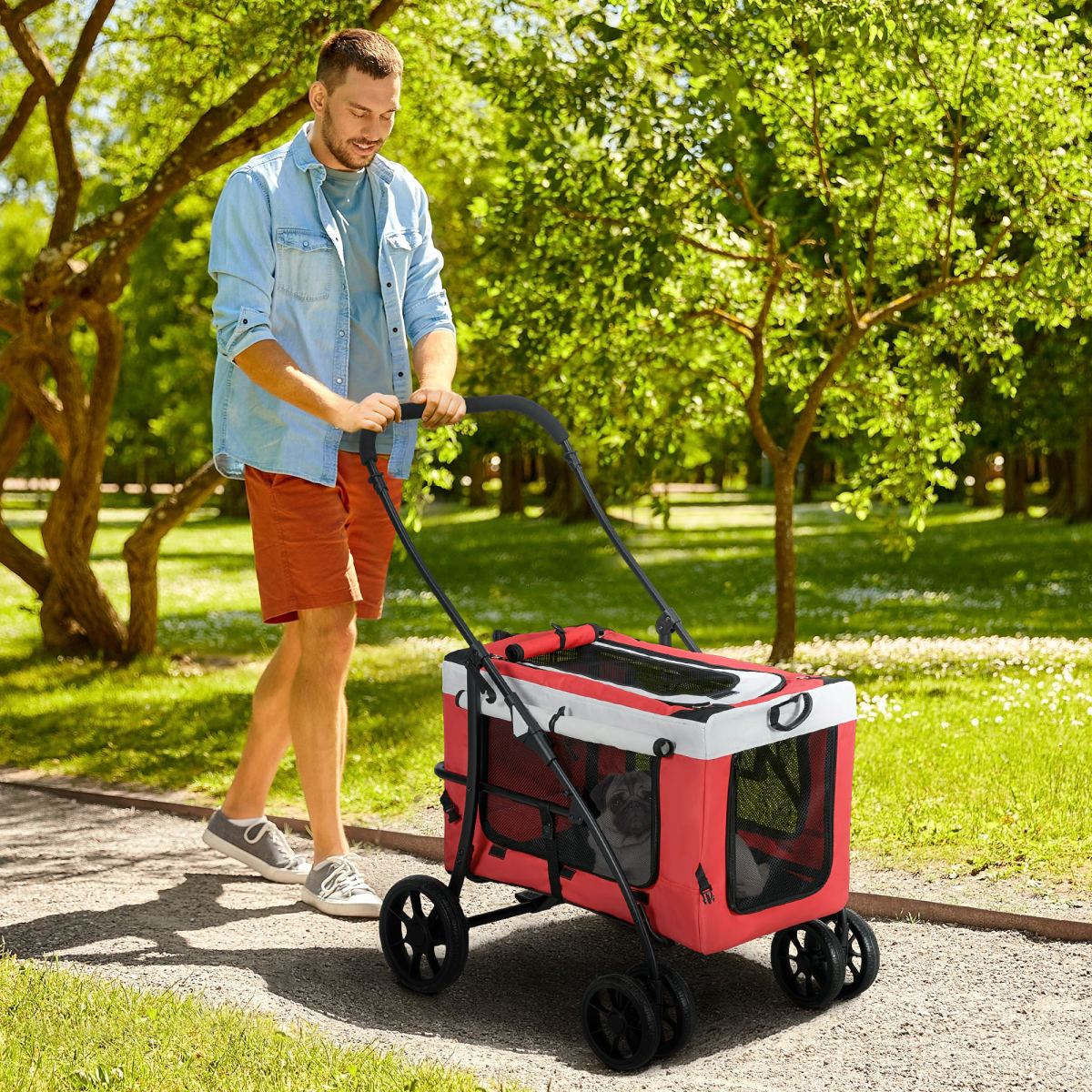 PawHut Foldable Dog Stroller, Pet Travel Crate, With Detachable Carrier, Soft Padding, For Mini, Small Dogs - Red