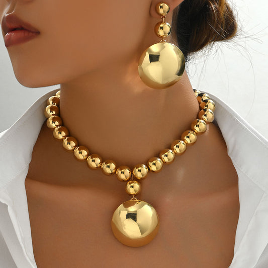 Cross-border European American Fashion Women Jewelry Set, Unique Metal Bead Necklace With Niche Premium Texture Pendant & Matching Earrings, Versatile Daily Neck Ear Accessories