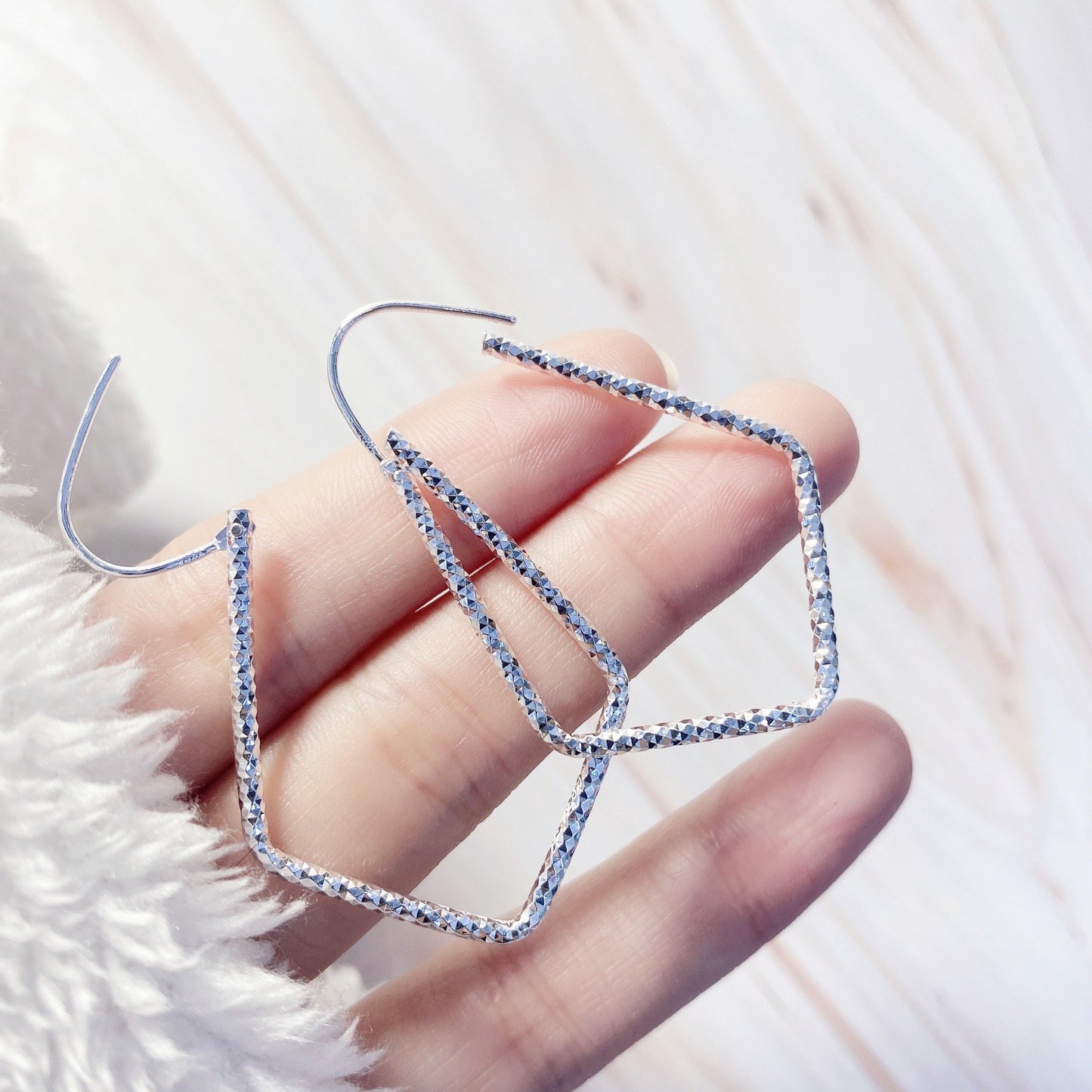 1 Pair 999 Sterling Silver Sparkly Geometric Hoop Earrings, Minimalist Style, Perfect For Daily Wear And Valentine's Gift