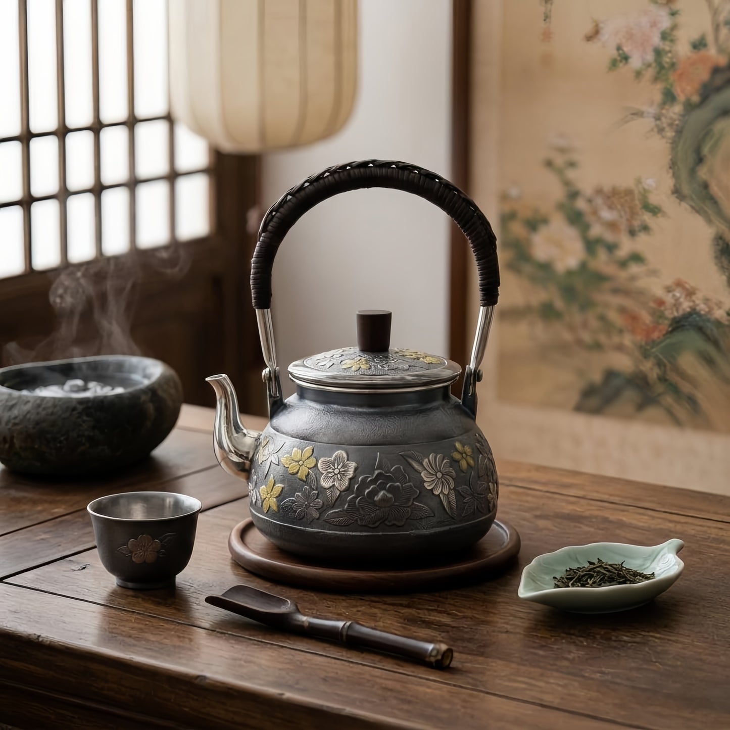 925 Sterling Silver Elegant Metallic Tea Kettle with Intricate Floral Relief and Hand-Woven Rattan Handle - Handicraft